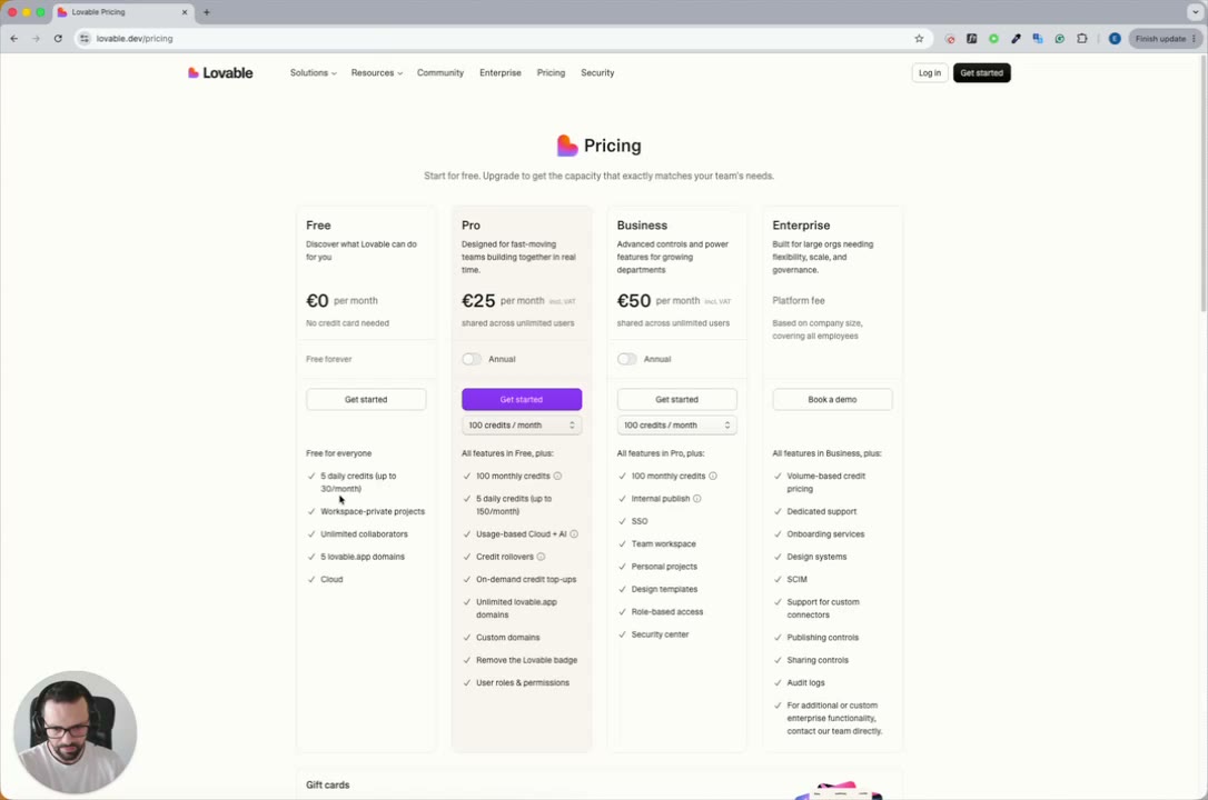 Lovable pricing page showing Free, Pro, Business, and Enterprise plans