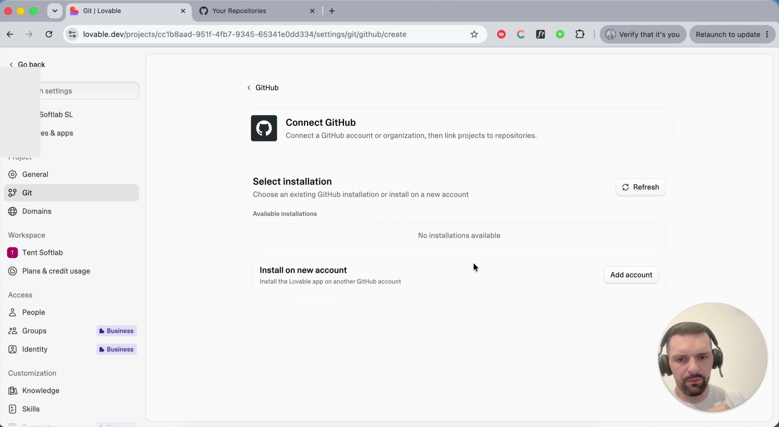 Connect GitHub panel with Select installation and Add account
