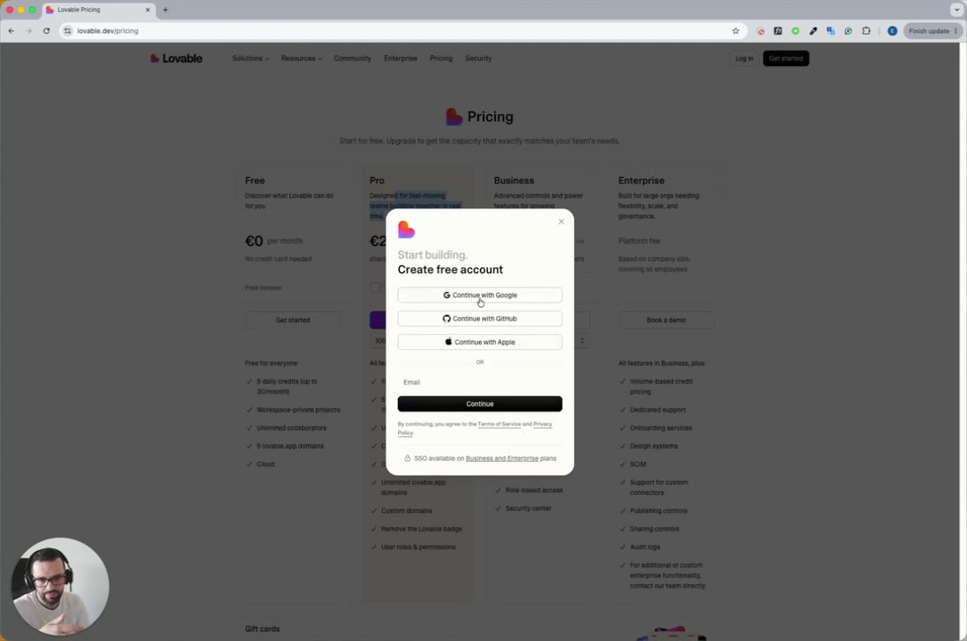 Create free account modal with Google, GitHub, Apple, and email options
