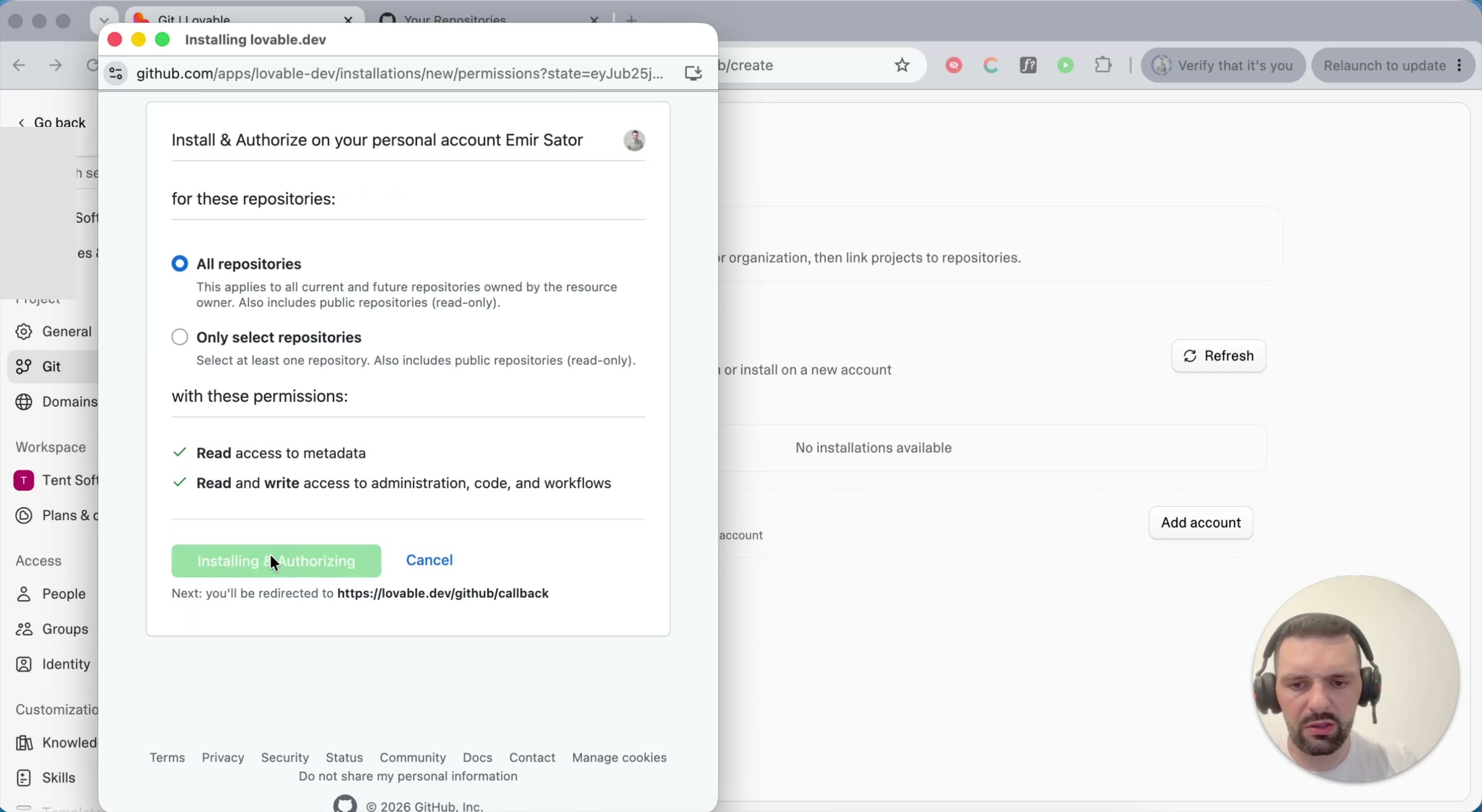 Install and Authorize screen with All repositories selected