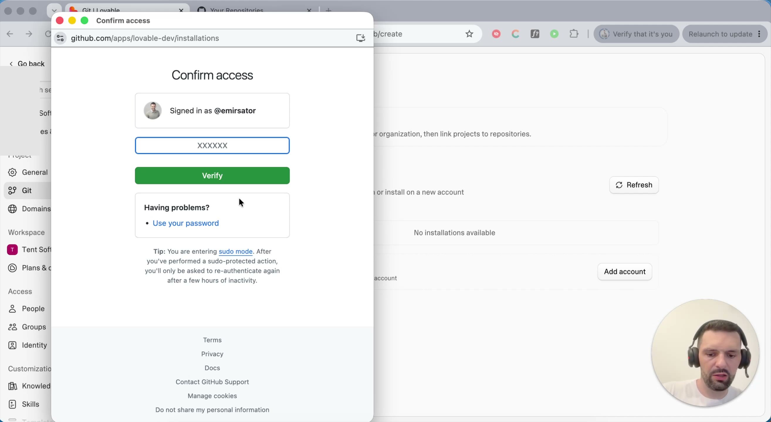 GitHub "Confirm access" two-factor authentication prompt