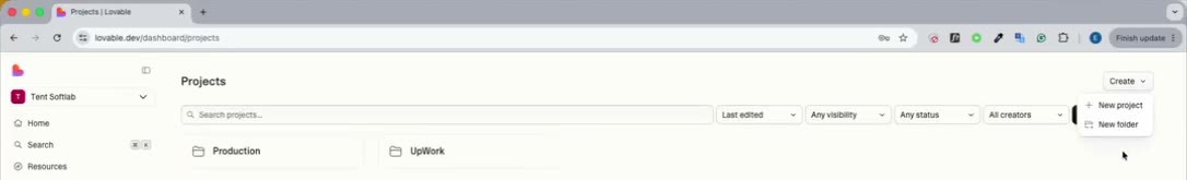 Projects page with Create dropdown showing New project and New folder