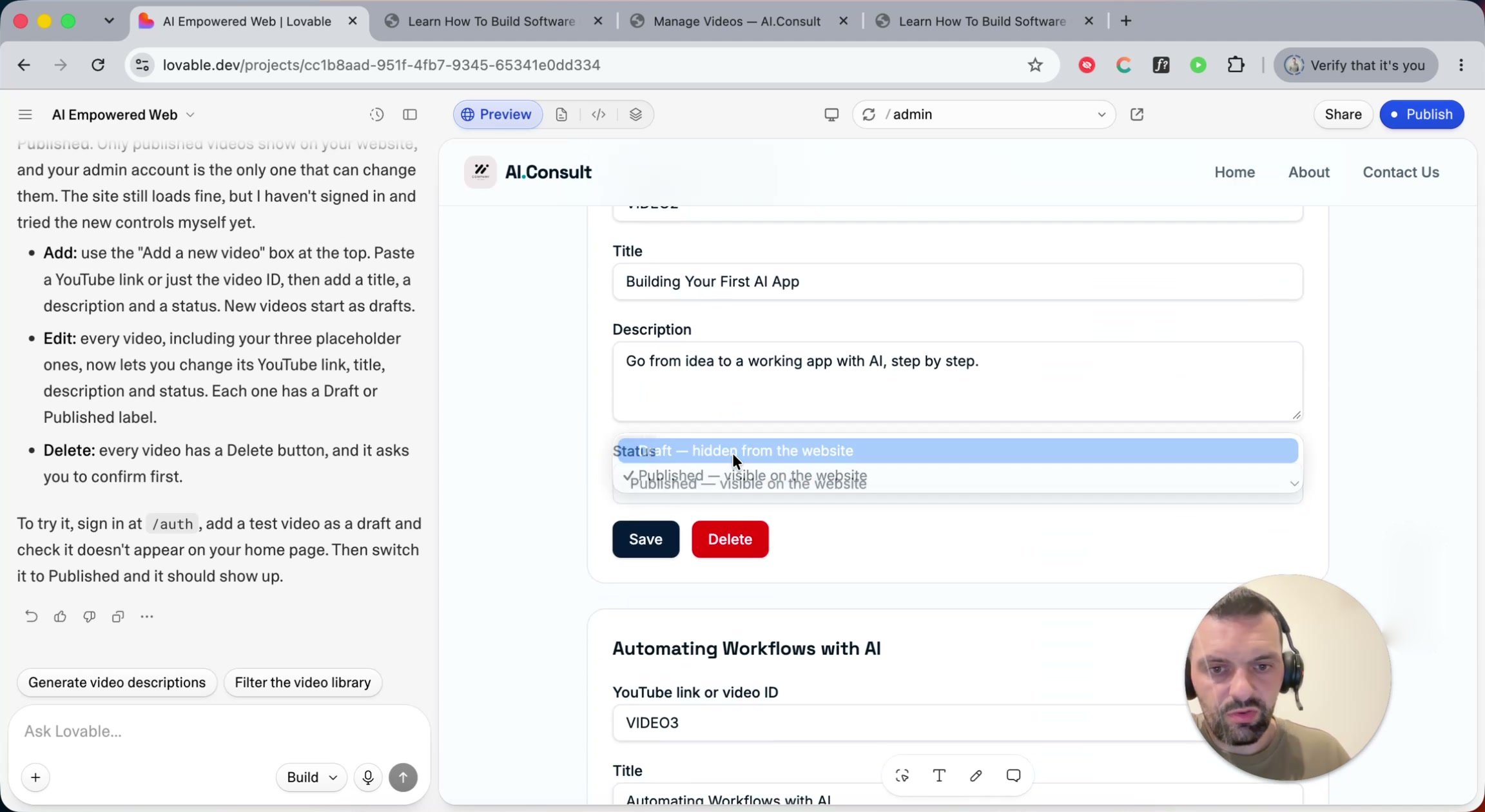 The improved admin page with a Draft/Published status and a Delete button