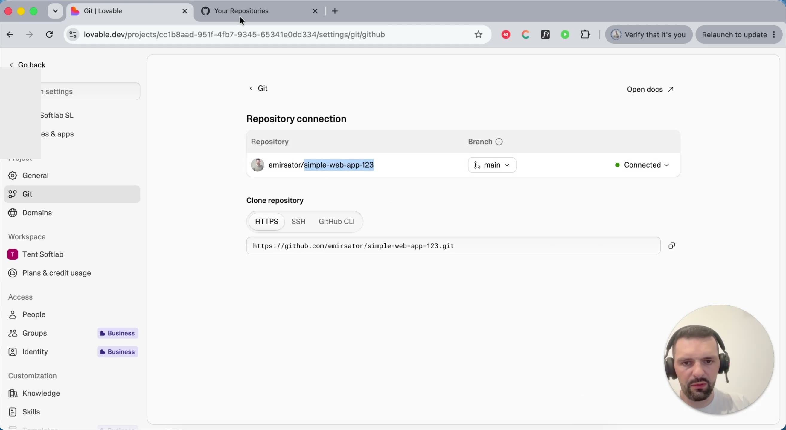 Repository connection showing the repo connected to the main branch