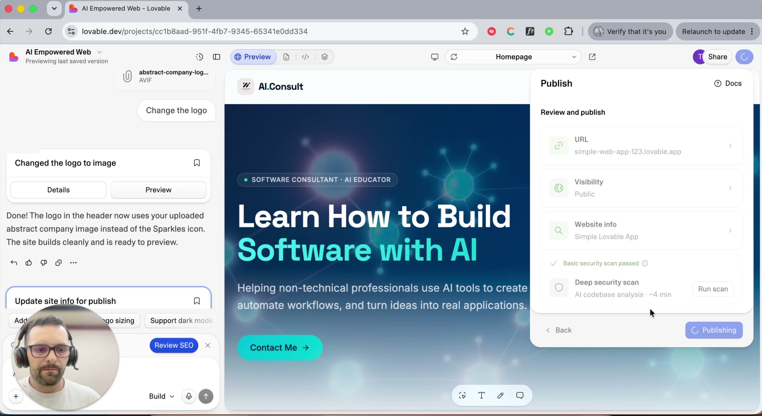 Review and publish screen with security scan passed