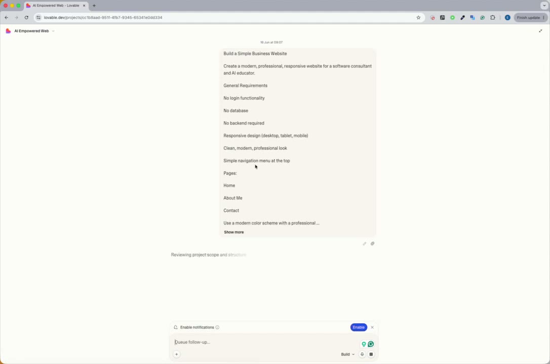 Prompt submitted to Lovable, showing "Reviewing project scope and structure"