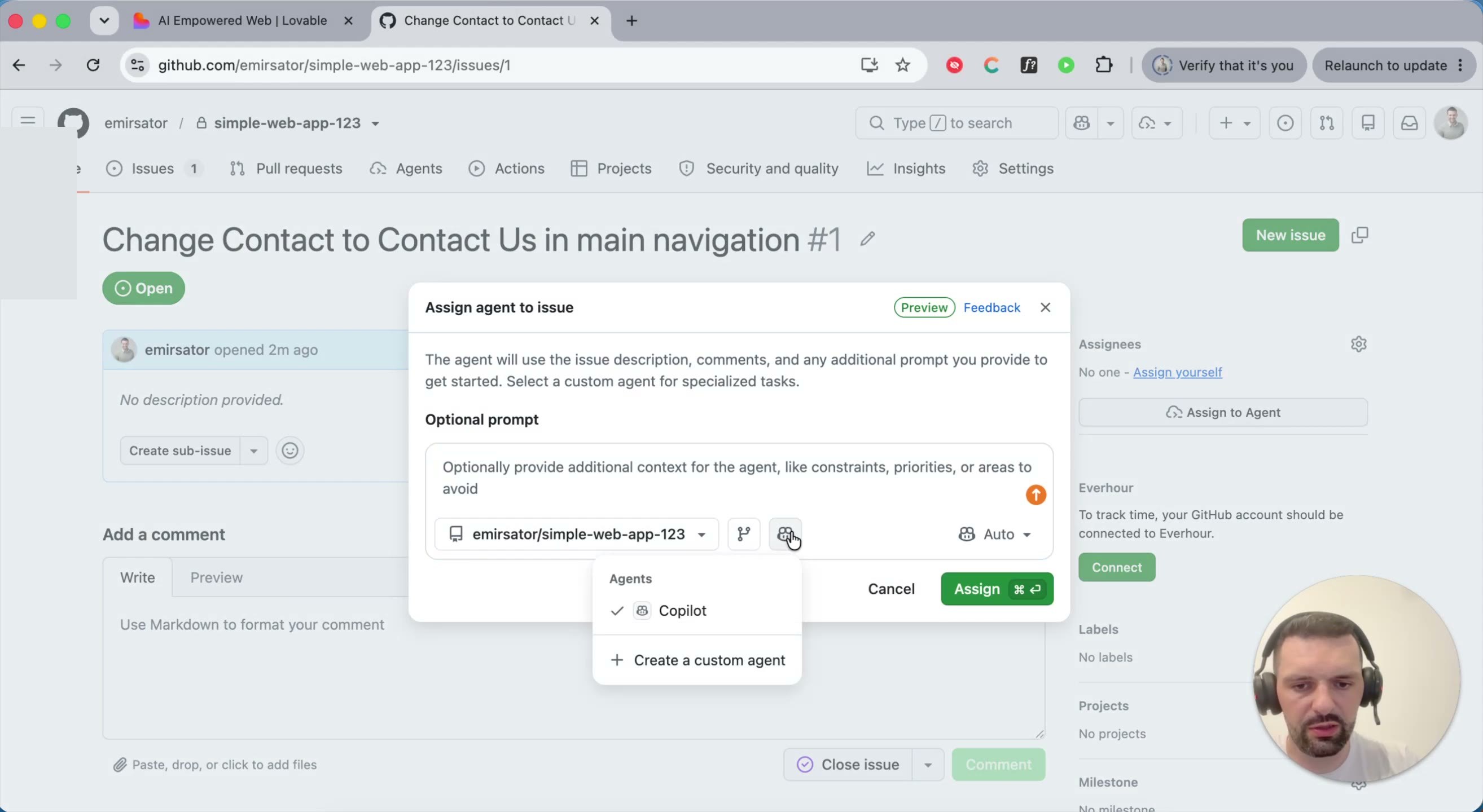 Assign agent to issue dialog with Copilot selected