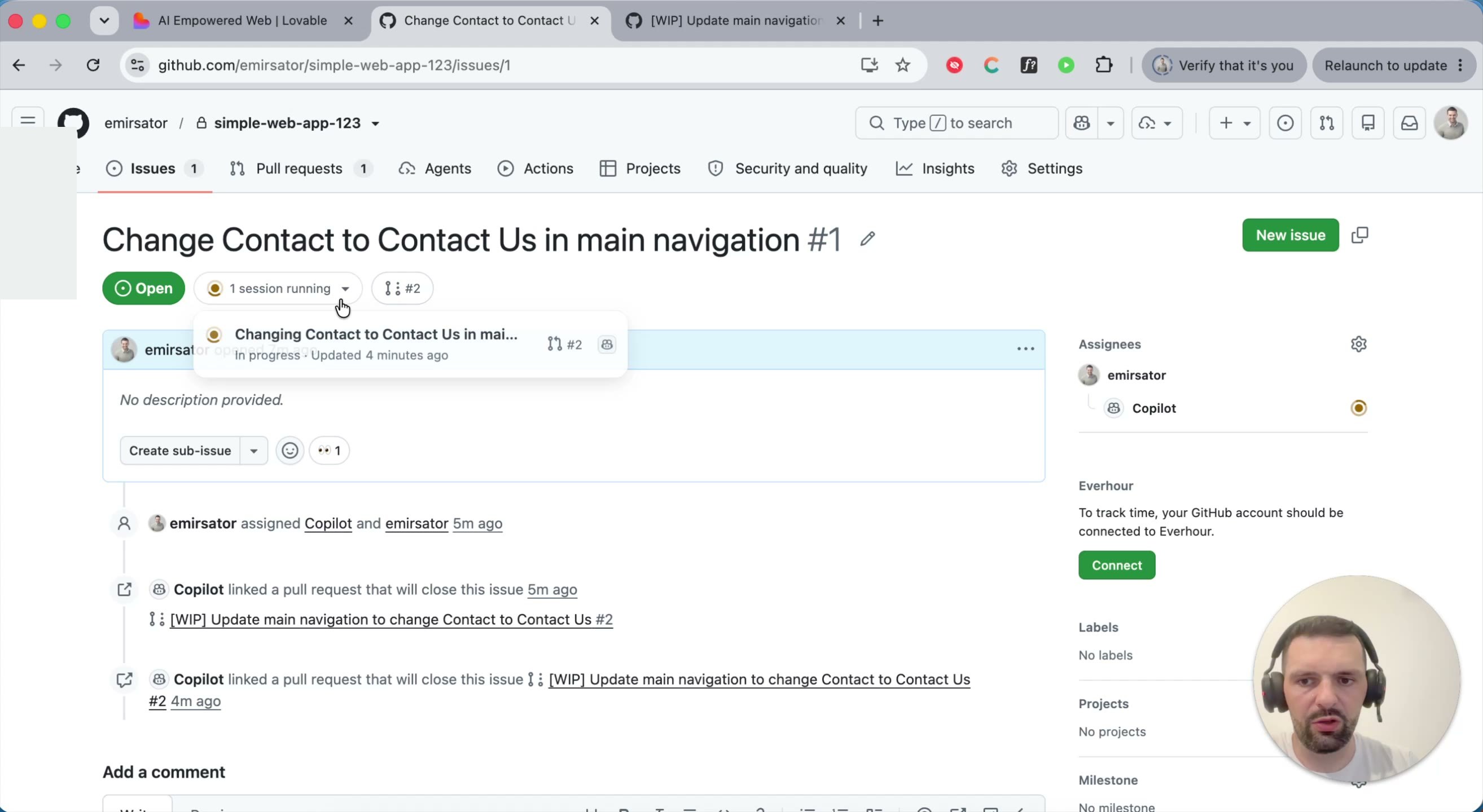 GitHub issue showing "1 session running" with a linked pull request
