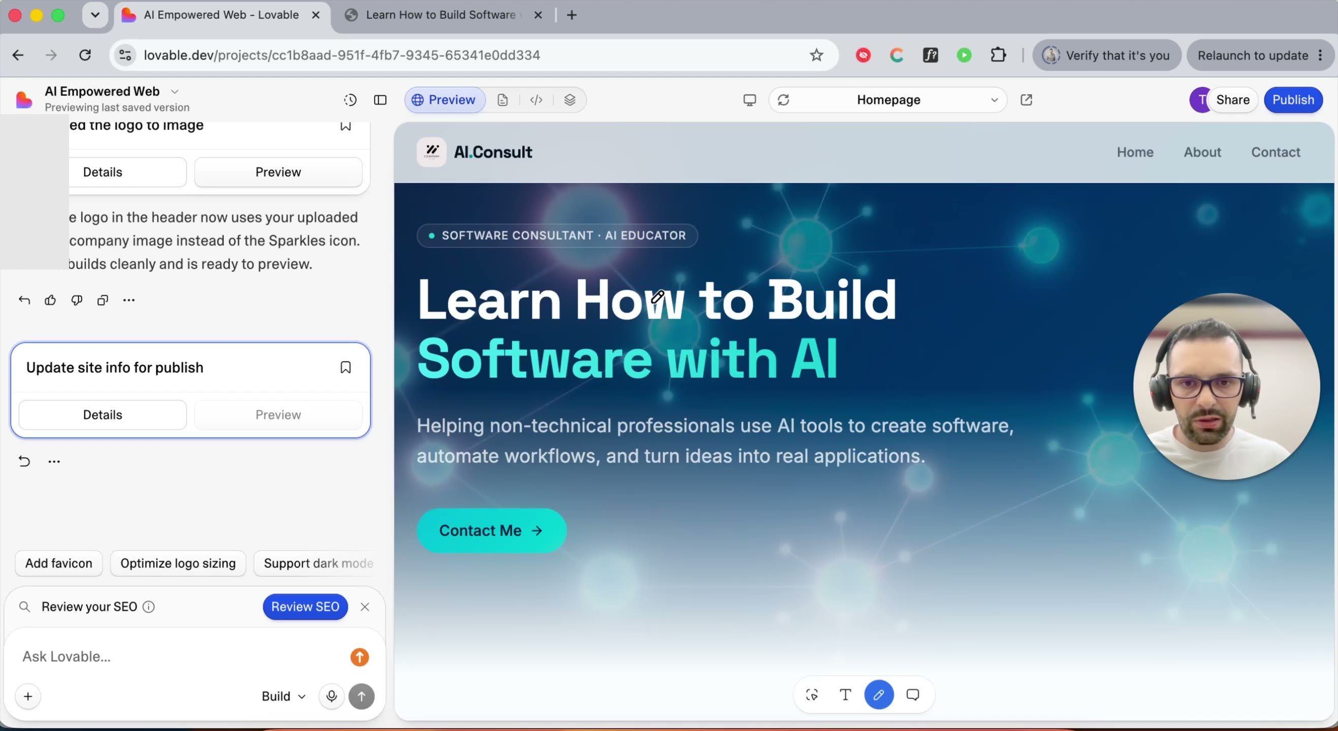 Visual editor tool active, hovering over page text
