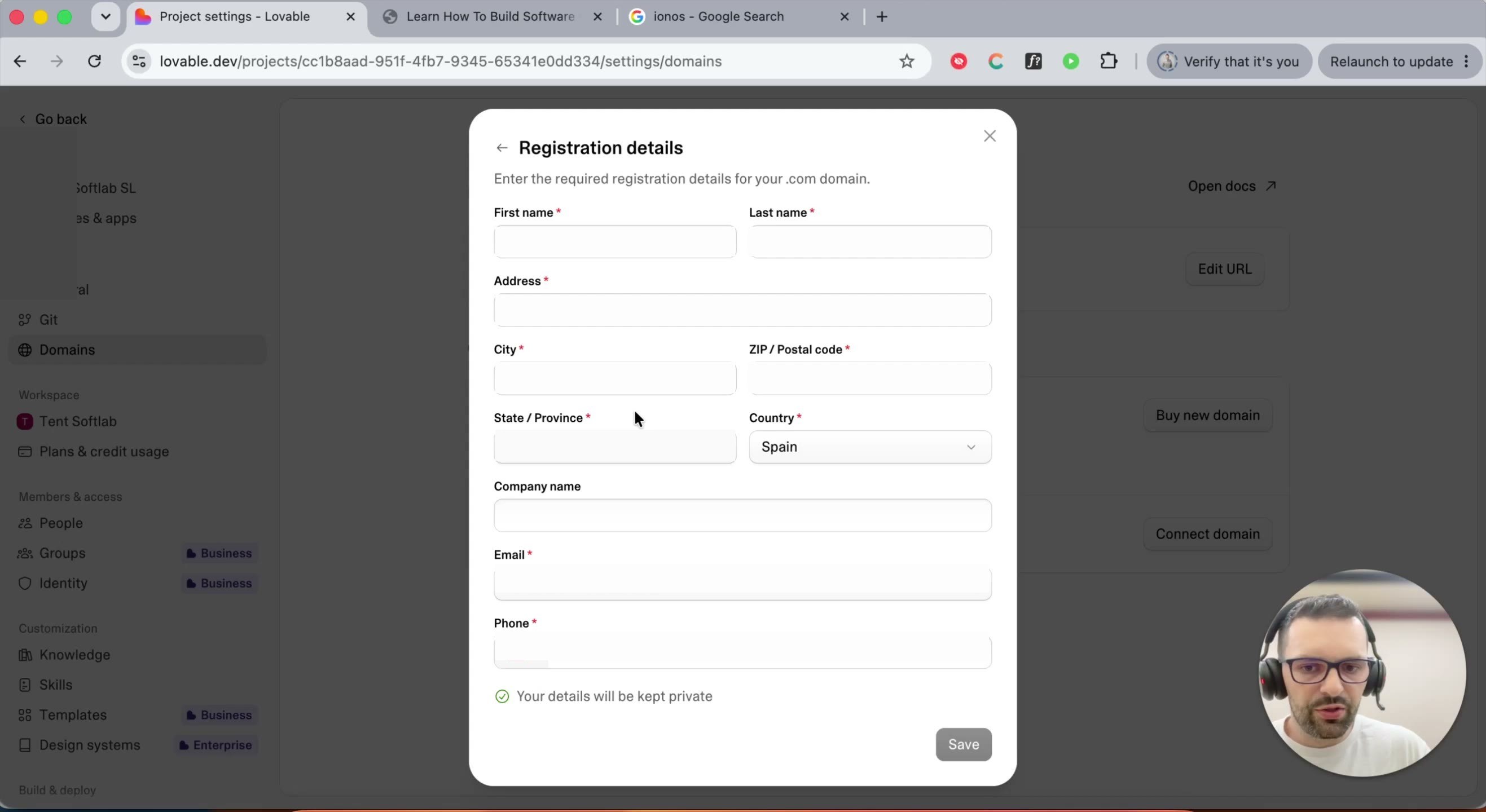 Registration details form with name, address, and contact fields