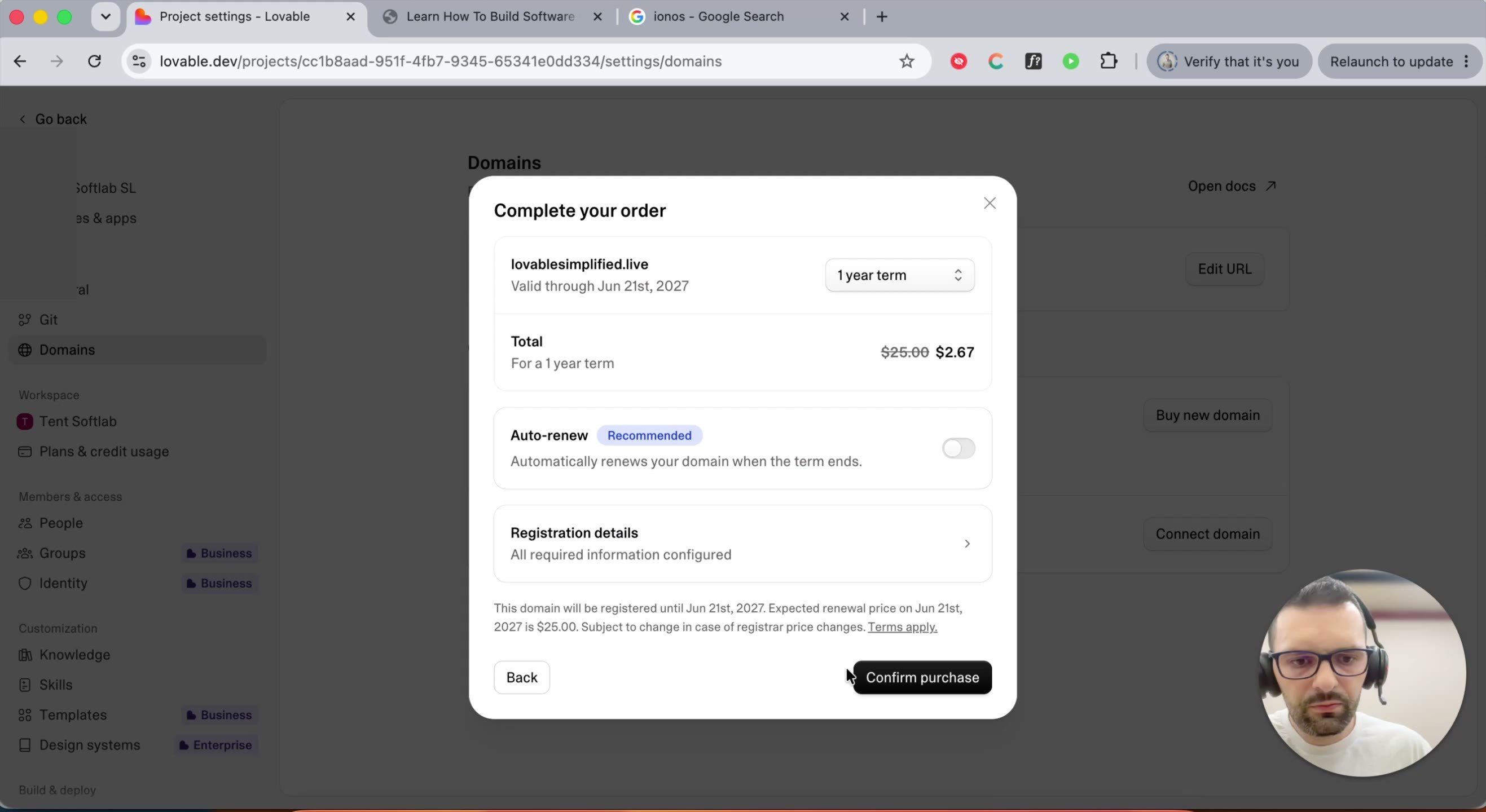 Order summary before confirming purchase